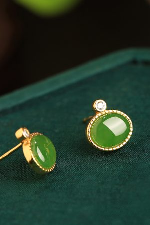 Jade Green Pure Silver Earrings for Women - Summer Chinese Style National Wind with Gold Inlaid Bright Green Jade Stone
