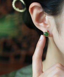 Jade Green Pure Silver Earrings for Women - Summer Chinese Style National Wind with Gold Inlaid Bright Green Jade Stone
