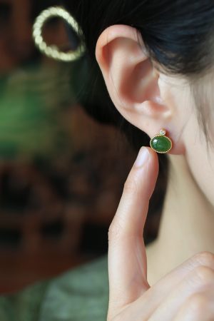 Jade Green Pure Silver Earrings for Women - Summer Chinese Style National Wind with Gold Inlaid Bright Green Jade Stone