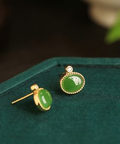 Jade Green Pure Silver Earrings for Women - Summer Chinese Style National Wind with Gold Inlaid Bright Green Jade Stone