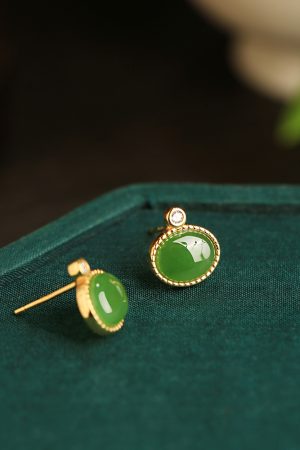 Jade Green Pure Silver Earrings for Women - Summer Chinese Style National Wind with Gold Inlaid Bright Green Jade Stone