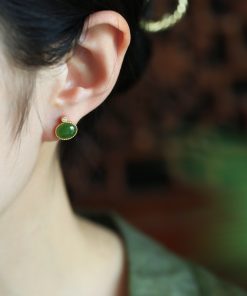 Jade Green Pure Silver Earrings for Women - Summer Chinese Style National Wind with Gold Inlaid Bright Green Jade Stone