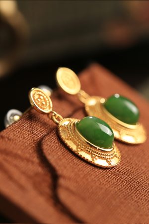 Jade Green Pure Silver Peace Buckle Earrings for Women - High-End Chinese National Style Jade Earrings, Elegant and Luxurious