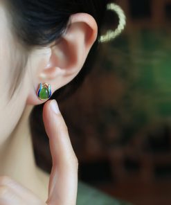 Jade Green Tulip Earrings for Women, Chinese Style Pure Silver with Gold Inlaid Jade Enamel Gemstone, Elegant Jewelry Accessory