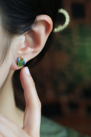 Jade Green Tulip Earrings for Women, Chinese Style Pure Silver with Gold Inlaid Jade Enamel Gemstone, Elegant Jewelry Accessory