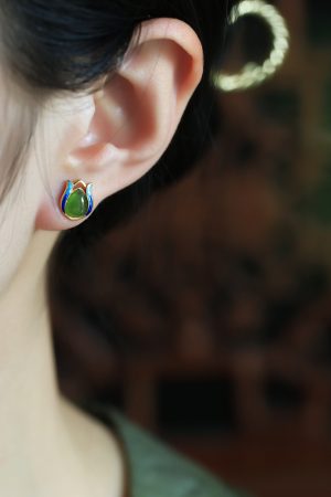 Jade Green Tulip Earrings for Women, Chinese Style Pure Silver with Gold Inlaid Jade Enamel Gemstone, Elegant Jewelry Accessory
