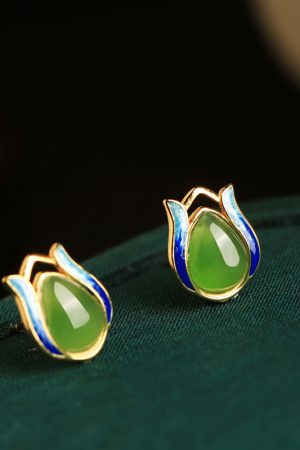 Jade Green Tulip Earrings for Women, Chinese Style Pure Silver with Gold Inlaid Jade Enamel Gemstone, Elegant Jewelry Accessory