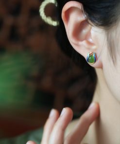 Jade Green Tulip Earrings for Women, Chinese Style Pure Silver with Gold Inlaid Jade Enamel Gemstone, Elegant Jewelry Accessory