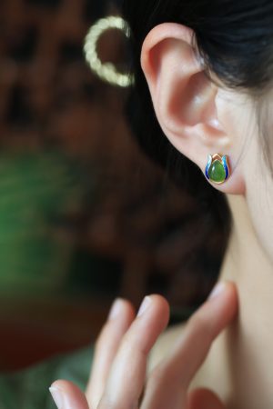 Jade Green Tulip Earrings for Women, Chinese Style Pure Silver with Gold Inlaid Jade Enamel Gemstone, Elegant Jewelry Accessory