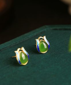 Jade Green Tulip Earrings for Women, Chinese Style Pure Silver with Gold Inlaid Jade Enamel Gemstone, Elegant Jewelry Accessory