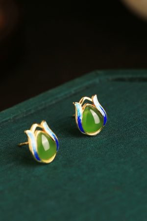 Jade Green Tulip Earrings for Women, Chinese Style Pure Silver with Gold Inlaid Jade Enamel Gemstone, Elegant Jewelry Accessory