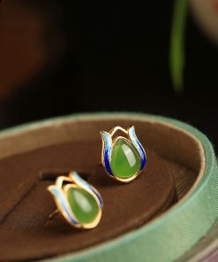 Jade Green Tulip Earrings for Women, Chinese Style Pure Silver with Gold Inlaid Jade Enamel Gemstone, Elegant Jewelry Accessory