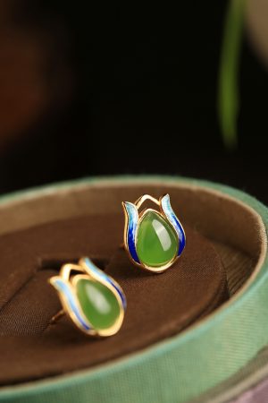 Jade Green Tulip Earrings for Women, Chinese Style Pure Silver with Gold Inlaid Jade Enamel Gemstone, Elegant Jewelry Accessory