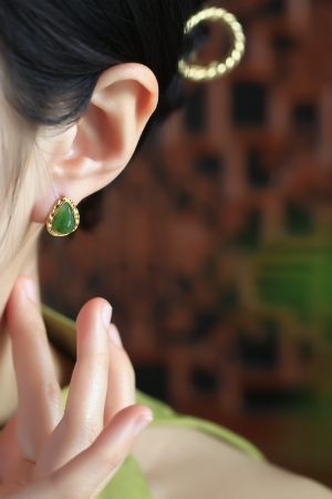Jade Green Water Droplet Earrings for Women - 18K Gold-Plated Pure Silver with Chinese Style National Wind Design