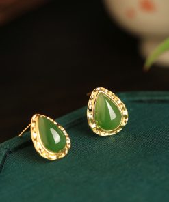 Jade Green Water Droplet Earrings for Women - 18K Gold-Plated Pure Silver with Chinese Style National Wind Design