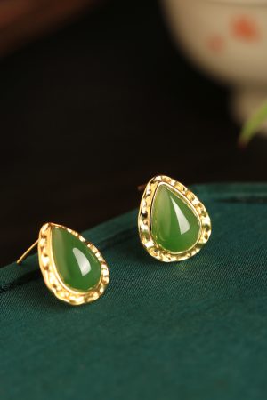 Jade Green Water Droplet Earrings for Women - 18K Gold-Plated Pure Silver with Chinese Style National Wind Design
