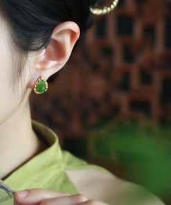 Jade Green Water Droplet Earrings for Women - 18K Gold-Plated Pure Silver with Chinese Style National Wind Design