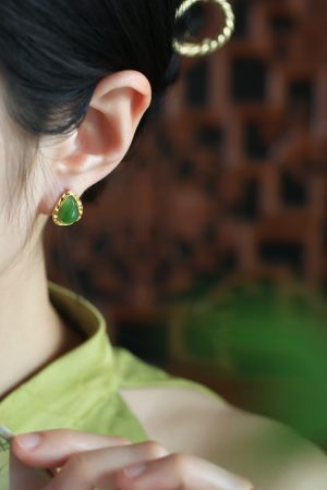 Jade Green Water Droplet Earrings for Women - 18K Gold-Plated Pure Silver with Chinese Style National Wind Design