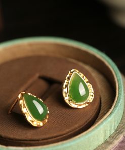 Jade Green Water Droplet Earrings for Women - 18K Gold-Plated Pure Silver with Chinese Style National Wind Design