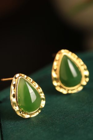 Jade Green Water Droplet Earrings for Women - 18K Gold-Plated Pure Silver with Chinese Style National Wind Design