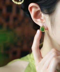 Jade Green Water Droplet Earrings for Women - 18K Gold-Plated Pure Silver with Chinese Style National Wind Design