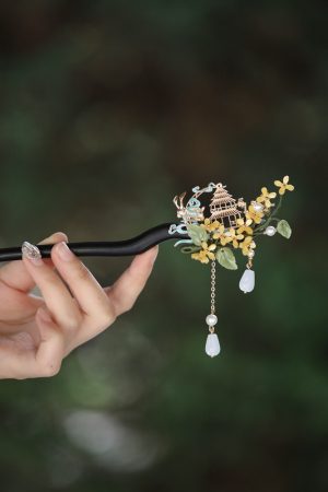 Jade Rabbit Hairpin - Mid-Autumn Festival Headpiece, Chinese Style Hanfu Hair Accessories, Qipao Decoration, Ebony Hairpin