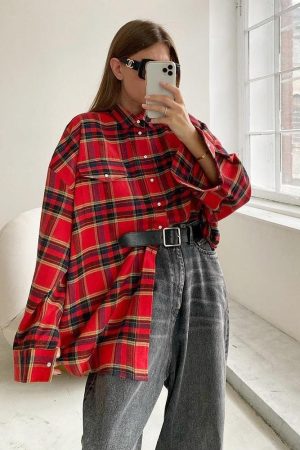 Japanese Fashion, Long Skirt Whimsigothic - Oversized Plaid Shirt