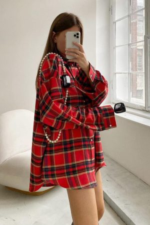 Japanese Fashion, Long Skirt Whimsigothic - Oversized Plaid Shirt