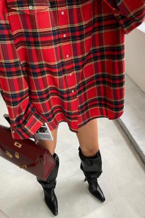 Japanese Fashion, Long Skirt Whimsigothic - Oversized Plaid Shirt