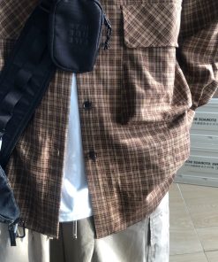 Japanese Retro City Boy Plaid Shirt Jacket for Men and Women, Loose Fit Long Sleeve, Large Pocket, Trendy Spring Autumn Fashion