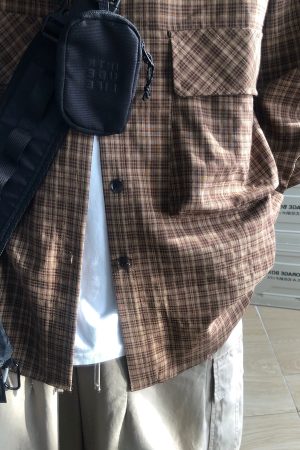 Japanese Retro City Boy Plaid Shirt Jacket for Men and Women, Loose Fit Long Sleeve, Large Pocket, Trendy Spring Autumn Fashion