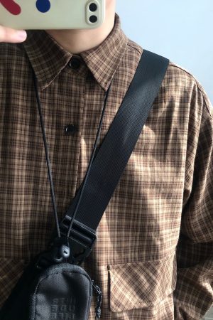 Japanese Retro City Boy Plaid Shirt Jacket for Men and Women, Loose Fit Long Sleeve, Large Pocket, Trendy Spring Autumn Fashion