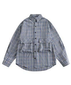 Japanese Retro City Boy Plaid Shirt Jacket for Men and Women, Loose Fit Long Sleeve, Large Pocket, Trendy Spring Autumn Fashion