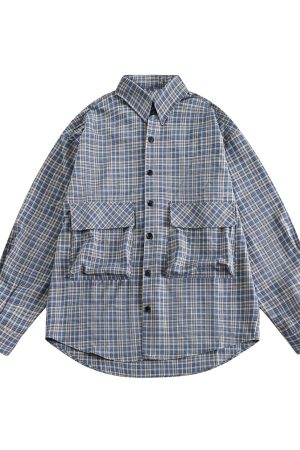 Japanese Retro City Boy Plaid Shirt Jacket for Men and Women, Loose Fit Long Sleeve, Large Pocket, Trendy Spring Autumn Fashion