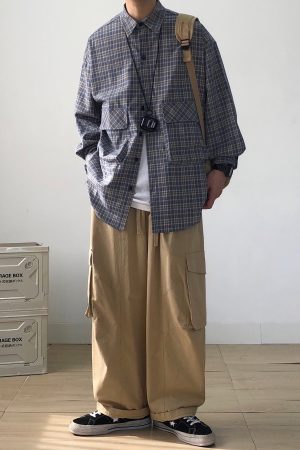 Japanese Retro City Boy Plaid Shirt Jacket for Men and Women, Loose Fit Long Sleeve, Large Pocket, Trendy Spring Autumn Fashion