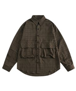 Japanese Retro City Boy Plaid Shirt Jacket for Men and Women, Loose Fit Long Sleeve, Large Pocket, Trendy Spring Autumn Fashion