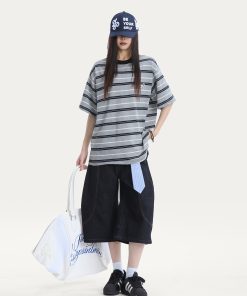 Japanese Retro Dog Patch Striped Short Sleeve T-Shirt for Women - Loose Fit Pure Cotton Summer Top, Casual Commuting Style