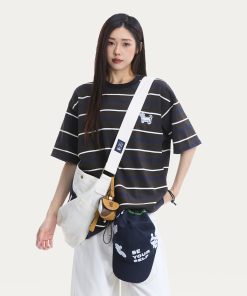 Japanese Retro Dog Patch Striped Short Sleeve T-Shirt for Women - Loose Fit Pure Cotton Summer Top, Casual Commuting Style