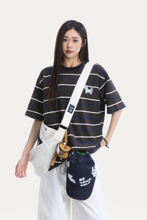 Japanese Retro Dog Patch Striped Short Sleeve T-Shirt for Women - Loose Fit Pure Cotton Summer Top, Casual Commuting Style