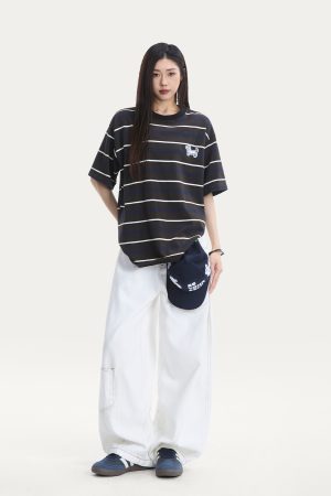 Japanese Retro Dog Patch Striped Short Sleeve T-Shirt for Women - Loose Fit Pure Cotton Summer Top, Casual Commuting Style