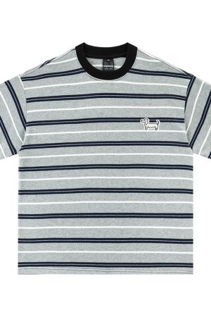 Japanese Retro Dog Patch Striped Short Sleeve T-Shirt for Women - Loose Fit Pure Cotton Summer Top, Casual Commuting Style