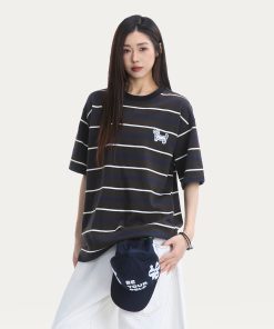 Japanese Retro Dog Patch Striped Short Sleeve T-Shirt for Women - Loose Fit Pure Cotton Summer Top, Casual Commuting Style