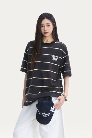 Japanese Retro Dog Patch Striped Short Sleeve T-Shirt for Women - Loose Fit Pure Cotton Summer Top, Casual Commuting Style