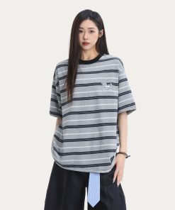 Japanese Retro Dog Patch Striped Short Sleeve T-Shirt for Women - Loose Fit Pure Cotton Summer Top, Casual Commuting Style