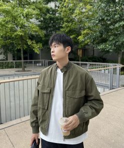 Japanese Retro Green Thick Work Jacket for Men - Loose Casual Autumn Winter Top