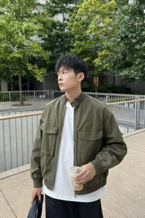 Japanese Retro Green Thick Work Jacket for Men - Loose Casual Autumn Winter Top
