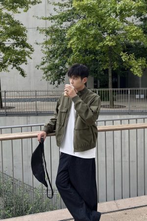 Japanese Retro Green Thick Work Jacket for Men - Loose Casual Autumn Winter Top