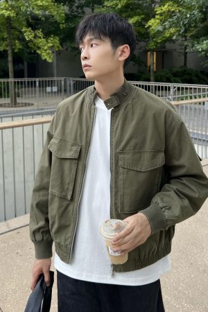 Japanese Retro Green Thick Work Jacket for Men - Loose Casual Autumn Winter Top