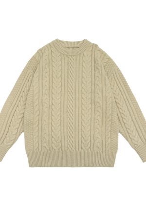 Japanese Retro Solid Color Twisted Round Neck Pullover Sweater for Couples - Unisex Winter College Style Loose Knit Top