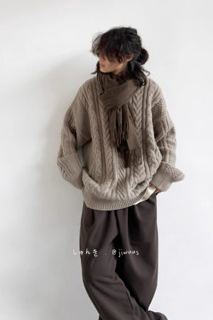 Japanese Retro Solid Color Twisted Round Neck Pullover Sweater for Couples - Unisex Winter College Style Loose Knit Top